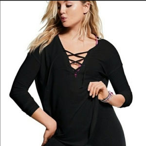 Victoria's Secret PINK Size XS Black Stretch Modal‎ Lace Up Super Soft Tee Shirt